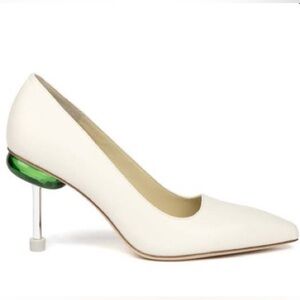 4CCCCEES OSHA MORA HI HEELS SANDAL IN IVORY Heels with Unique Green Accent